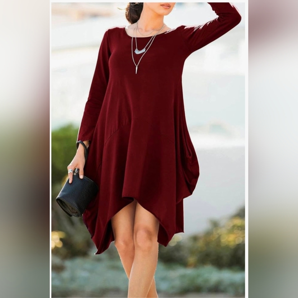 Plus-sized Red 2X Scoop Neck Long Sleeve T-shirt Dress/Tunic With Pockets - Picture 3 of 7